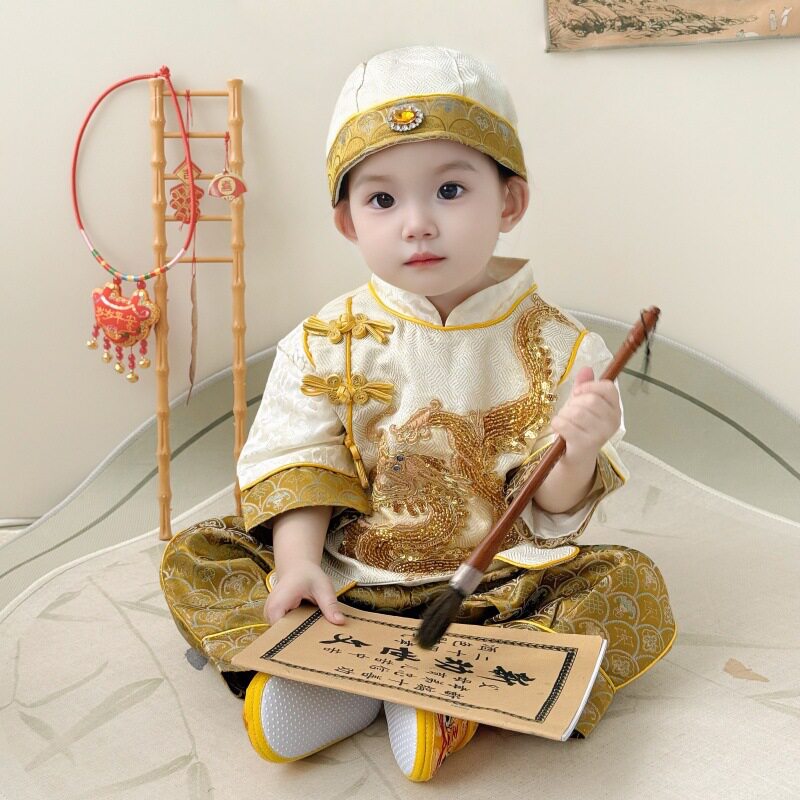 周岁礼服宝宝唐装春季新款新中式男宝抓周宴衣服儿童古风锦缎套装