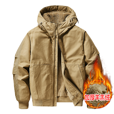 2025新款纯棉工装夹克男秋冬多口袋连帽加绒休闲宽松户外机能外套