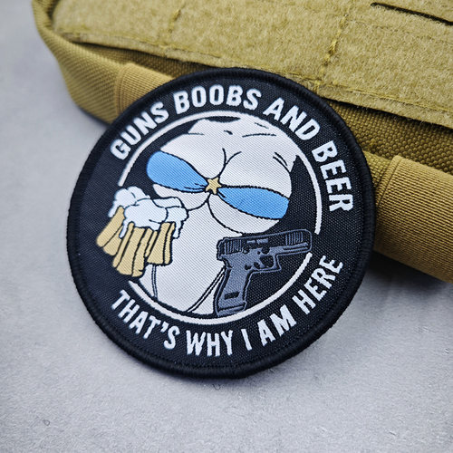 三个小爱好 GUNS BOOBS AND BEER织唛圆形臂章背包贴章魔术贴徽章