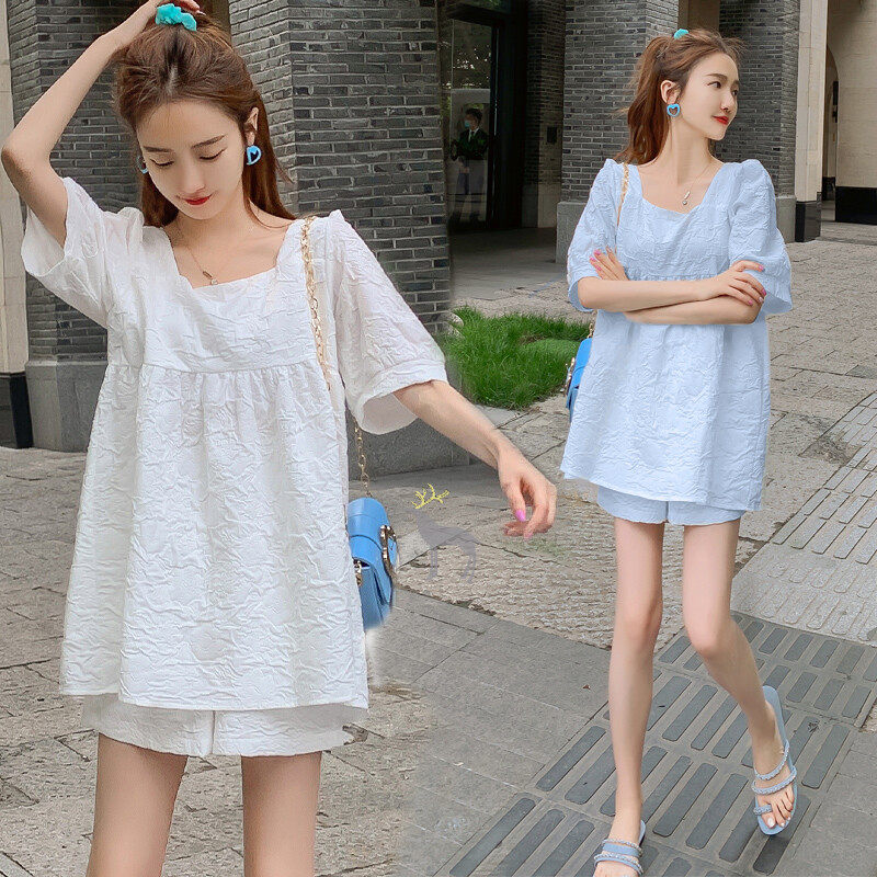 孕妇夏装套装潮妈外出时尚款网红夏季两件套洋气短裤短袖产检