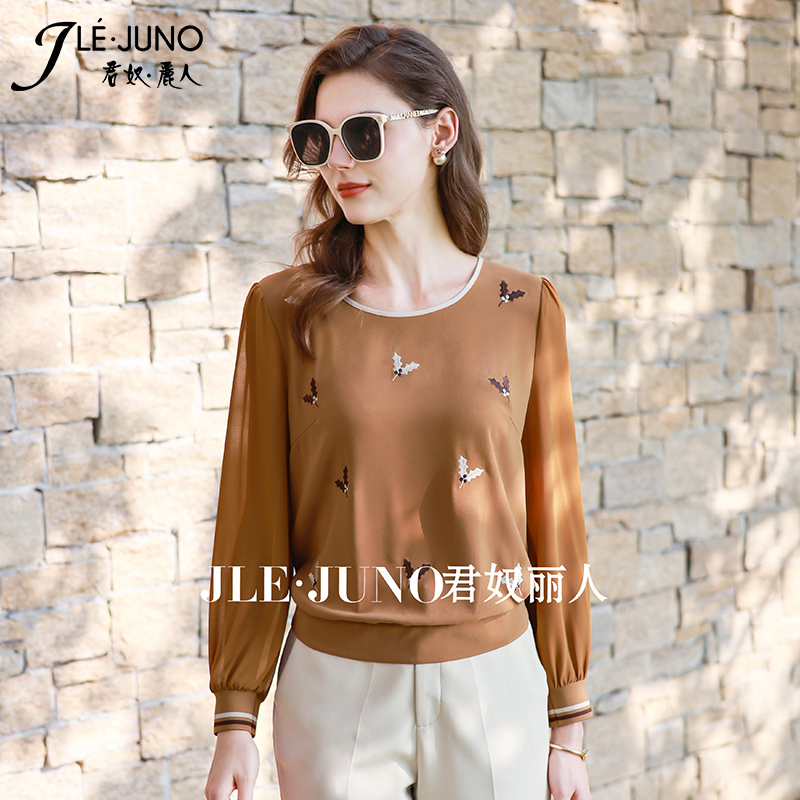 君奴丽人女装春秋新款刺绣圆领雪纺衬衫宽松显瘦长袖上衣