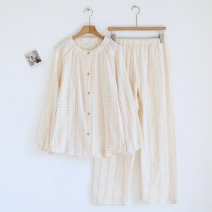 宽松家居服套装 长裤 双层纱布全棉绉布圆领套头长袖 睡衣女春秋薄款