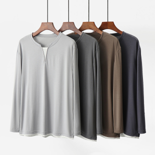 睡衣春秋季 薄款 长袖 假两件家居服上衣休闲夏季 t恤宽松加大码 男士