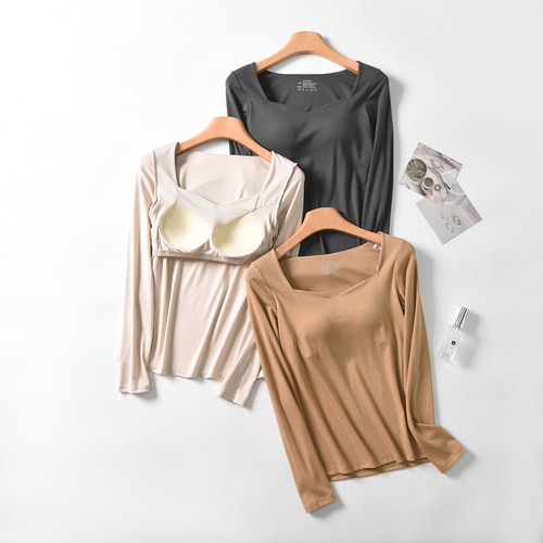 带胸垫长袖保暖低领打底衫可外穿