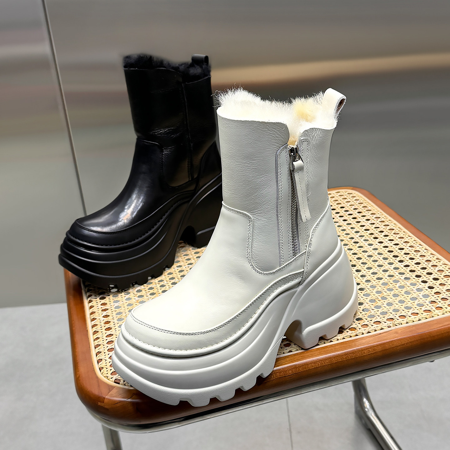 欧货羊皮毛一体雪地靴女2025冬季新款松糕厚底棉靴侧拉链防滑短靴,女鞋,马丁靴,淘宝优惠券,粉丝福利购,淘宝优惠卷