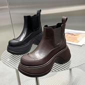 山山胎牛皮松糕厚底马丁靴女2025新款 复古英伦风显瘦切尔西短靴子