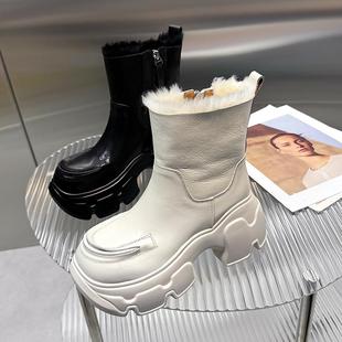 加绒短靴女白色2025冬季 皮毛一体雪地靴女复古厚底毛毛口马丁靴子