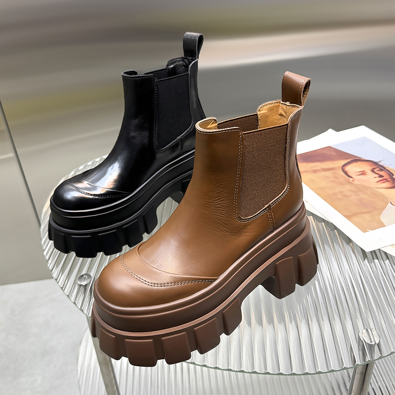 欧洲站真皮复古增高切尔西短靴女