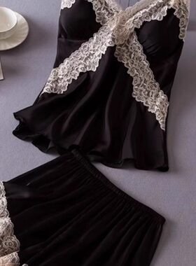 性感睡衣女2025年四季新款带胸垫蕾丝吊带短裤女家居服两件套装