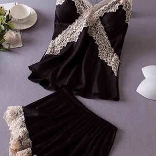 女家居服两件套装 带胸垫蕾丝吊带短裤 新款 性感睡衣女2025年四季