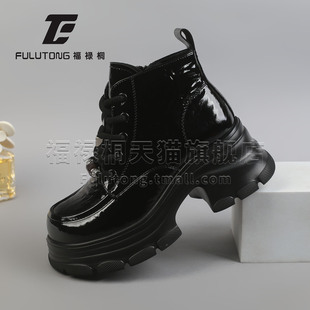 福禄桐厚底马丁靴女短靴冬季 系带增高小个子靴子保暖亮面女靴 新款