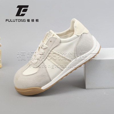 福禄桐德训鞋女2025新款春秋季休闲圆头复古舒适软底透气休闲板鞋