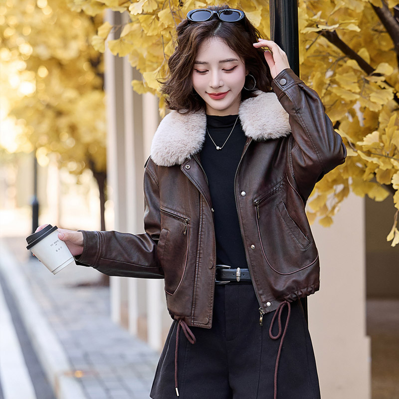 小个子加绒加厚皮衣短款外套女