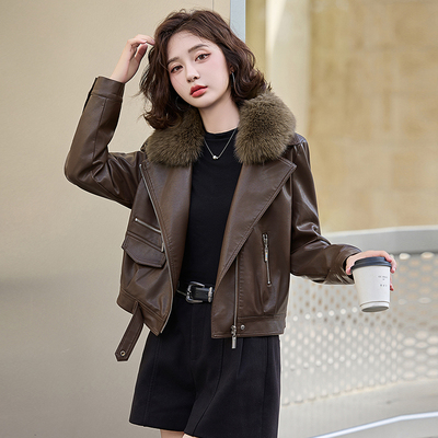 咖色毛领皮衣外套女加绒加厚