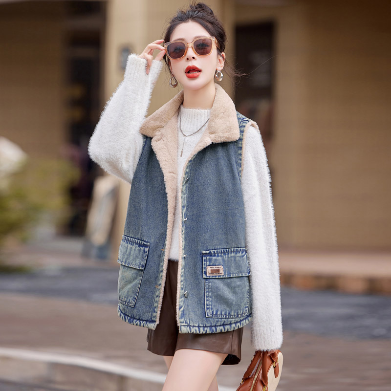复古加绒牛仔马甲外套女