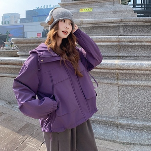 超好看棉衣冬装 2025新款 厚外套女 冬季 潮紫色加绒派克棉服女中长款