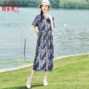 轻熟复古棉麻装连衣裙女2026夏装新款减龄修身显瘦V领印花长裙子