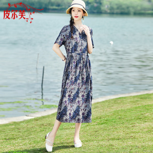 轻熟复古棉麻装连衣裙女2026夏装新款减龄修身显瘦V领印花长裙子