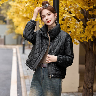 小个子加绒皮棉服女短款冬季新款流行款菱格绗线夹克加厚皮衣外套