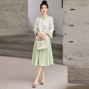 新中式国风连衣裙搭配套装女春秋新款高端气质盘扣提花唐装两件套