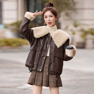 美拉德pu皮棉服大翻领皮衣外套女2025冬季新款加绒加厚保暖PU棉衣