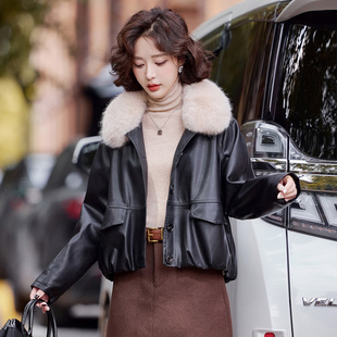 美拉德加绒加厚皮衣外套短款女2024冬新款小个子时尚毛领PU皮棉服