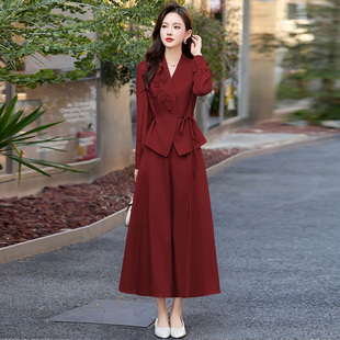 流行穿搭一整套女装 刺绣红色西服半身裙两件套 连衣裙女2025春秋季