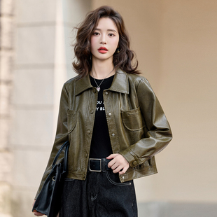 军绿色小皮衣外套女短款2025春秋新款气质复古休闲翻领PU机车夹克