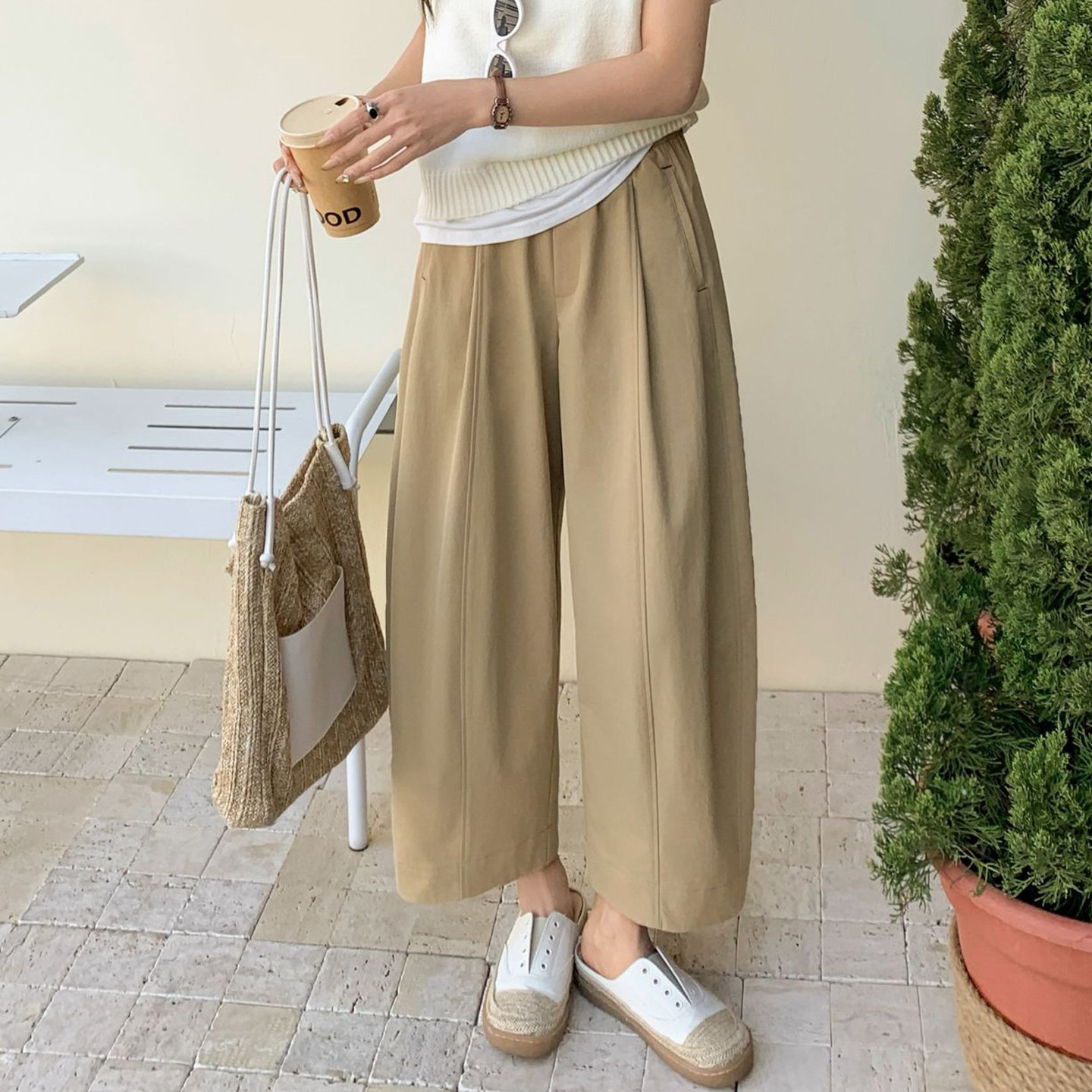 九分阔腿裤女松紧高腰2026春夏新南油宽松遮肉显瘦收腰镰刀裤