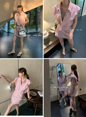 F.THREE三姐妹】设计感复古小衫+高腰显瘦半身裙套装  18866#  XJ