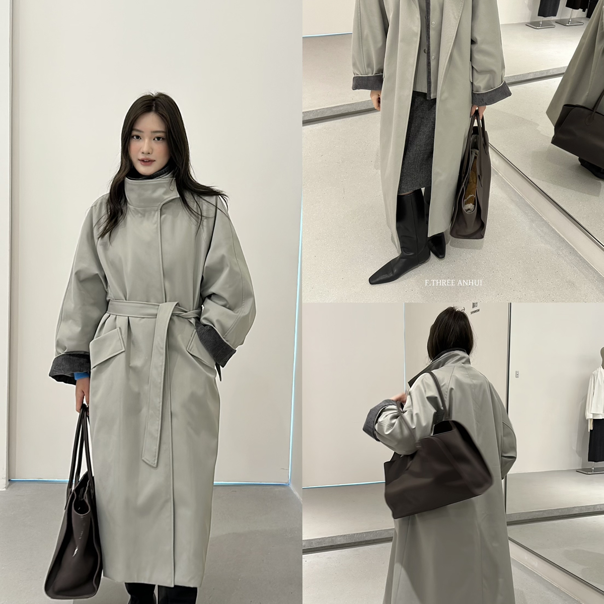 F.THREE三姐妹-计感灯芯绒撞色假两件系带收腰风衣(配腰带)16356