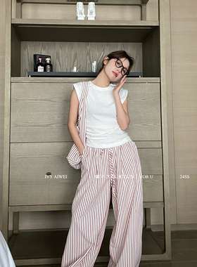 褶皱无袖T恤+高腰条纹休闲阔腿裤套装(配包包)  89819
