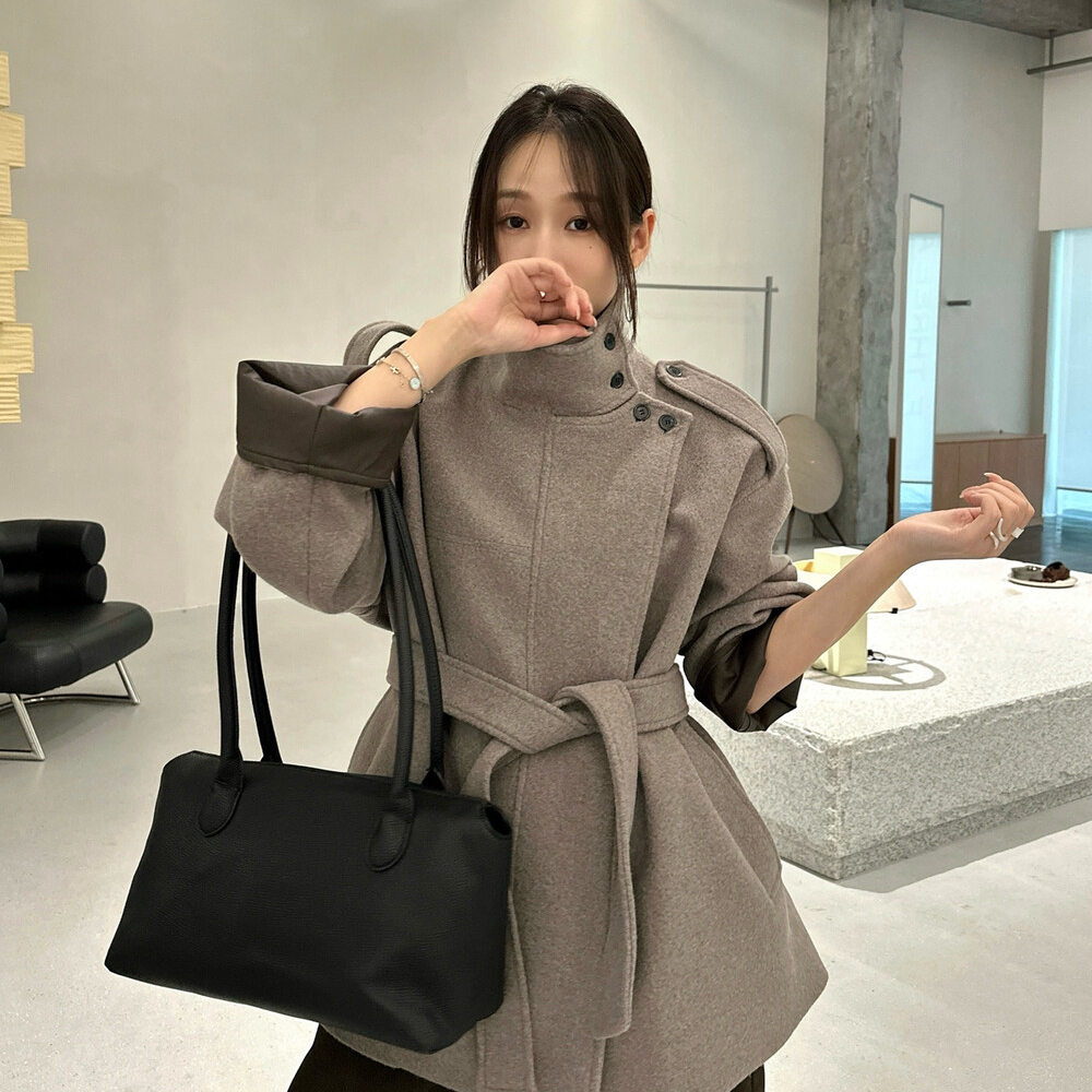 F.THREE三姐妹-钱风简约气质羊绒系带收腰外套大衣(配腰带)98119a