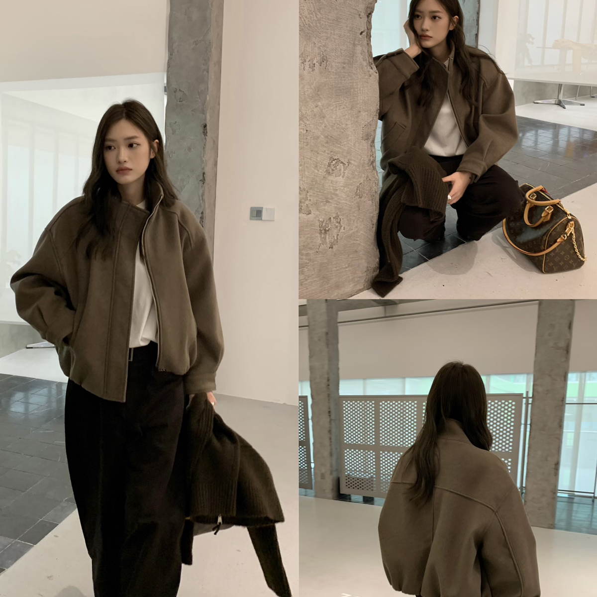 F.THREE三姐妹-冬上新韩系休闲哈灵顿夹棉立领夹克短外套98125