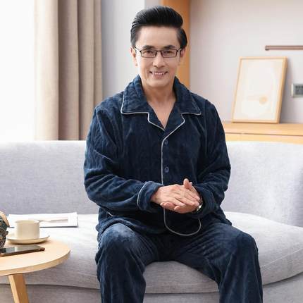 中年中老年人爸爸睡衣男秋冬季加绒加厚冬天可外穿保暖家居服套装