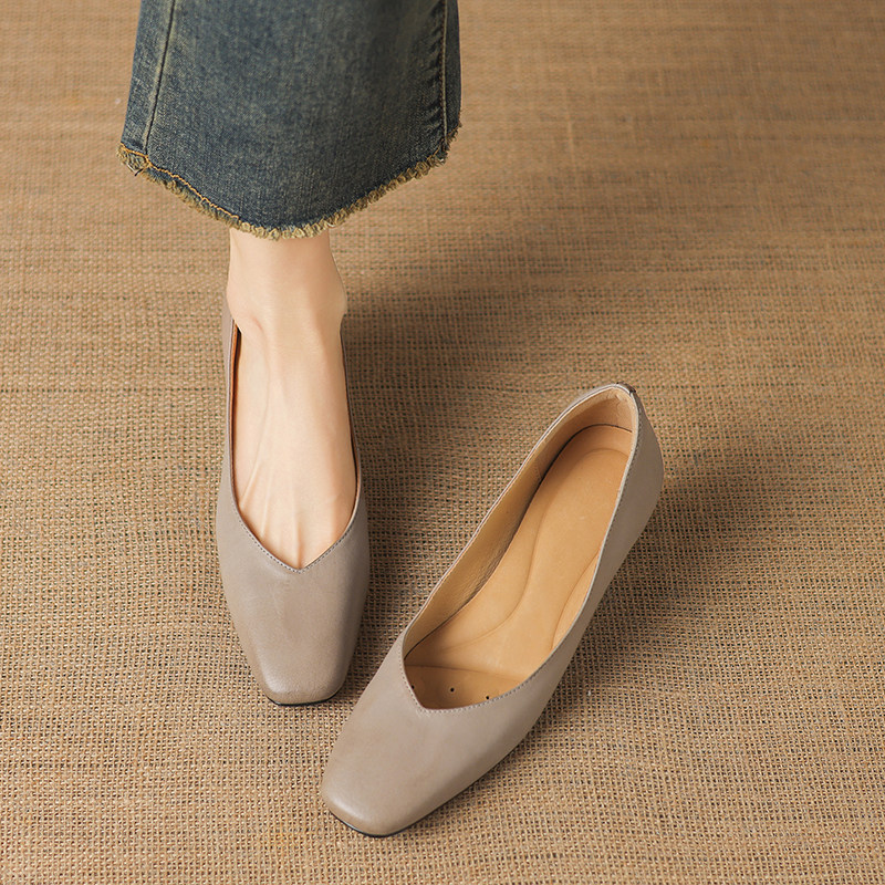 牛皮/5cm高跟浅口单鞋女真皮方头通勤小皮鞋百搭久站不累脚奶奶鞋