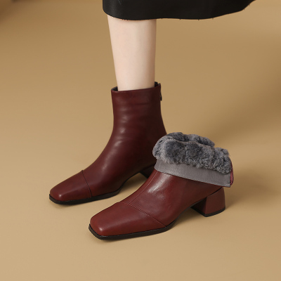 5cm加绒加厚高跟方头雪地短靴