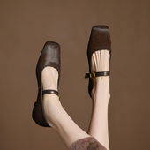 玛丽珍浅口鞋 马毛 女春秋季 新款 1.5cm巨软方头一字扣平底法式 单鞋