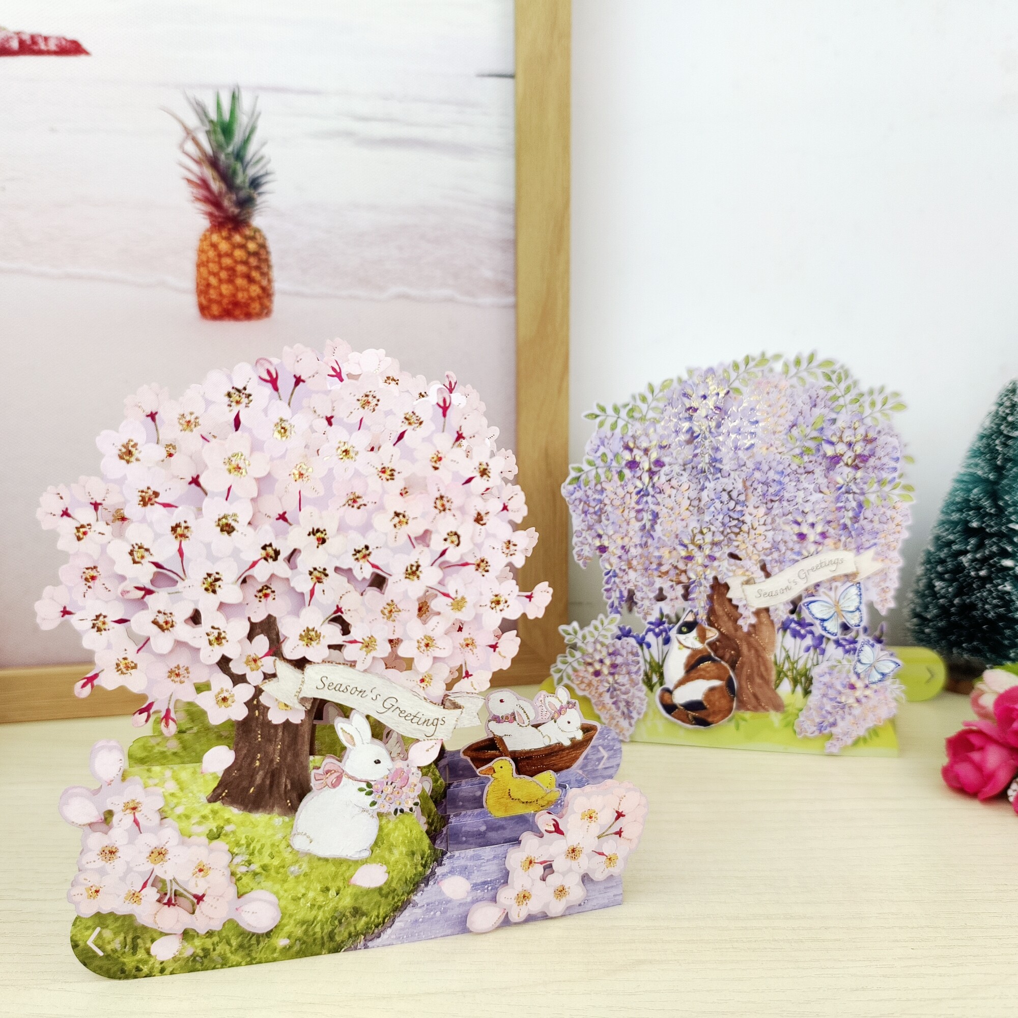 日本春天樱花小兔子生日祝福3D卡片创意紫藤花小猫咪立体感谢贺卡