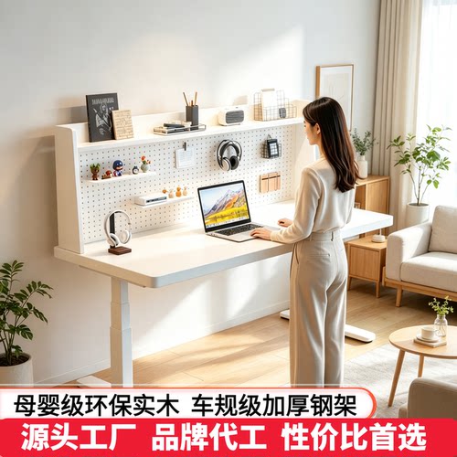 立序电动升降实木桌洞洞板置物架