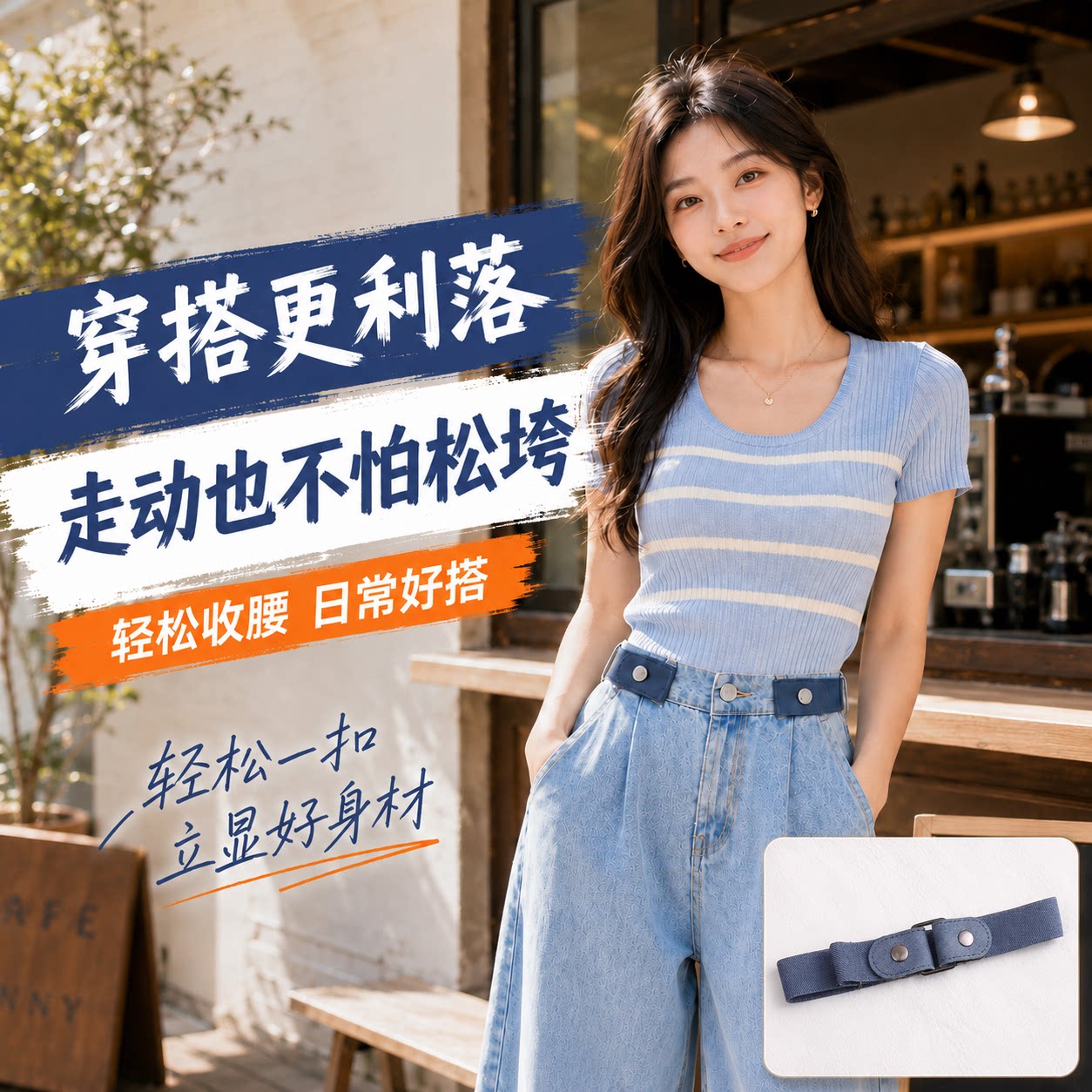 新款懒人腰带女牛仔裤子松紧收腰