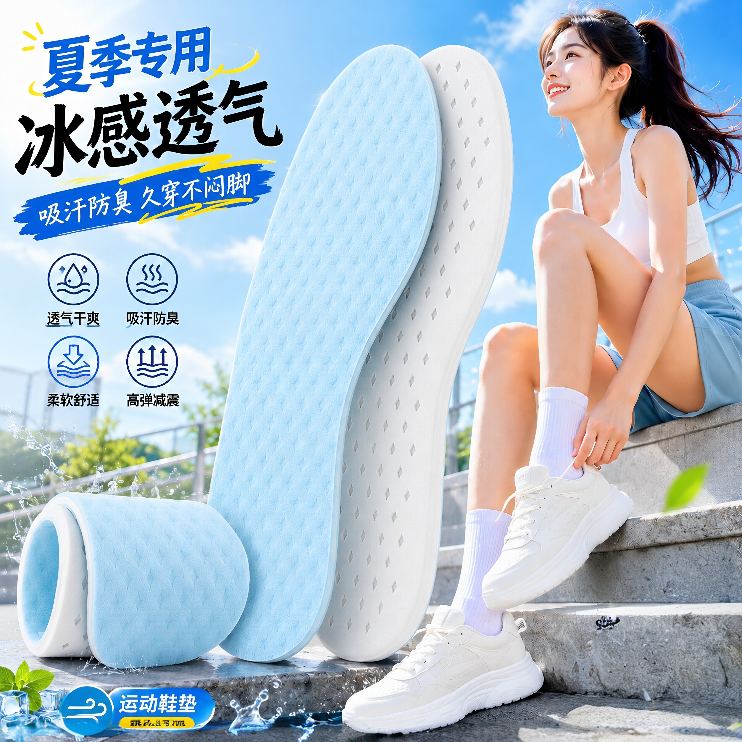 夏季透气冰凉抗菌运动鞋垫女男款吸汗防臭凉感光脚踩屎感气垫减震图片