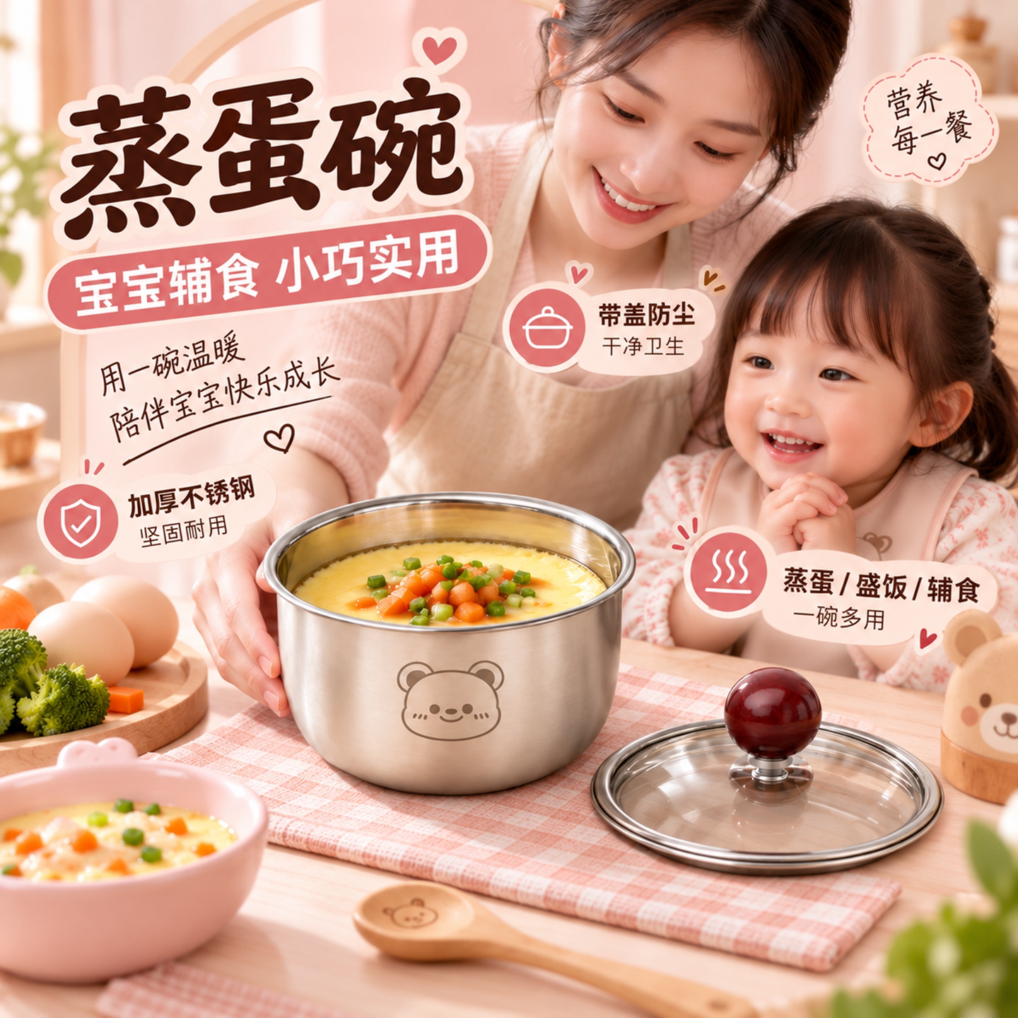 不锈钢蒸蛋碗家用2026新款蒸鸡蛋羹专用碗可爱带盖蒸菜炖盅小碗