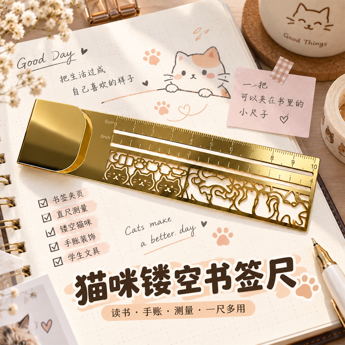 猫咪镂空金属直尺高颜值手帐