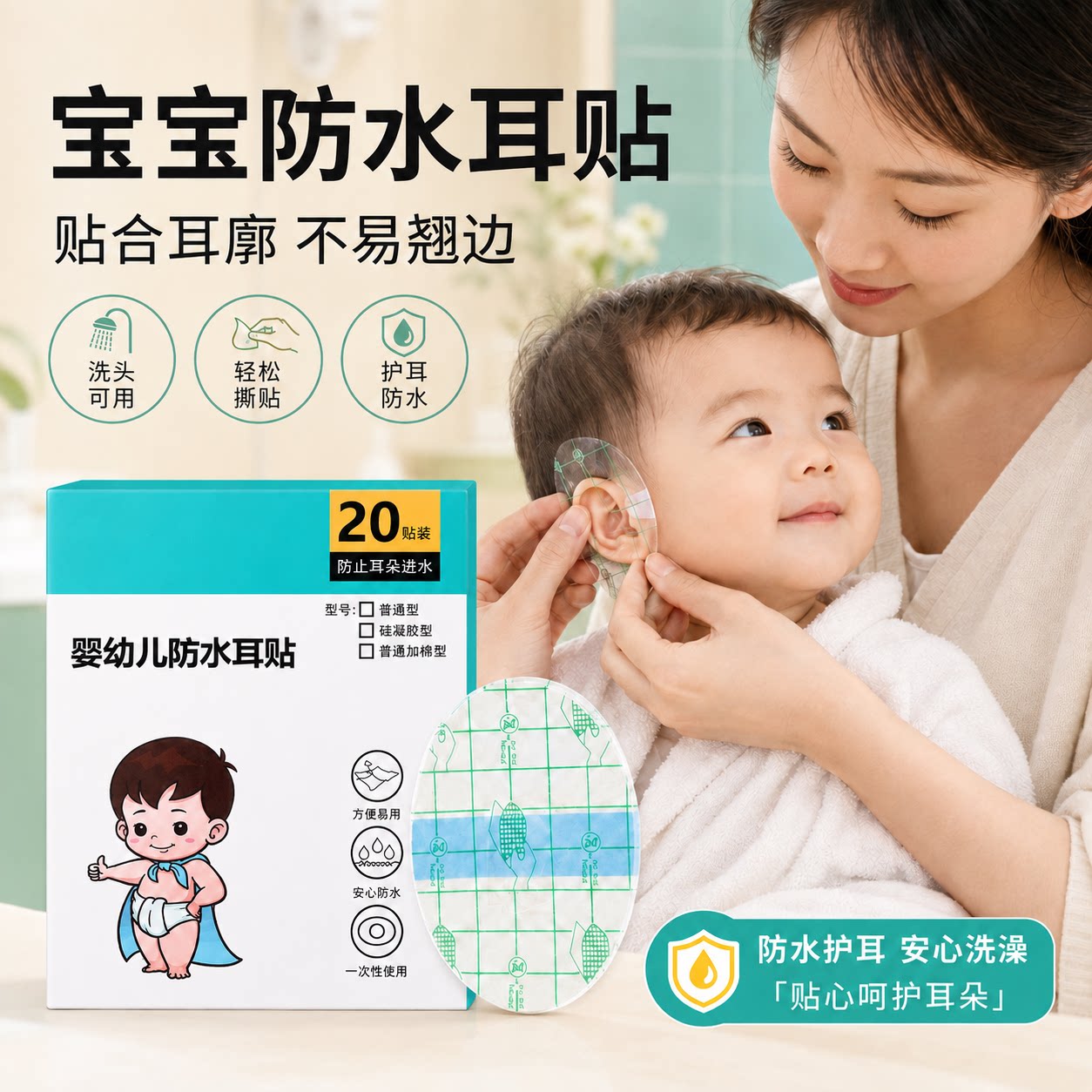 防水耳贴新生婴儿洗澡耳朵防进水