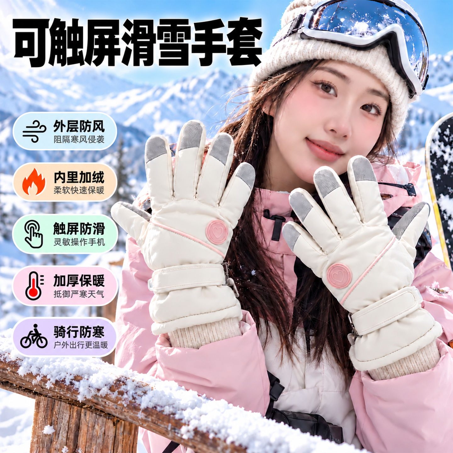 滑雪手套女冬加厚保暖加绒东北电动车防寒防风可触屏防水骑行手套