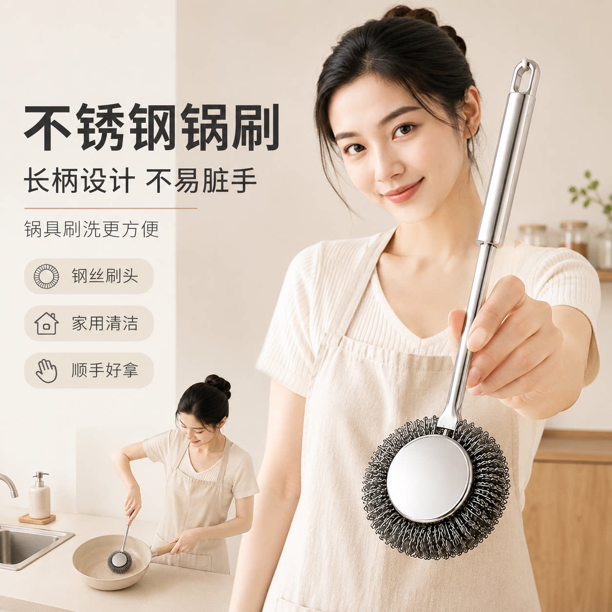 不锈钢锅刷长柄洗锅刷清洁刷子家用大号钢丝球带手柄去污刷锅工具图片
