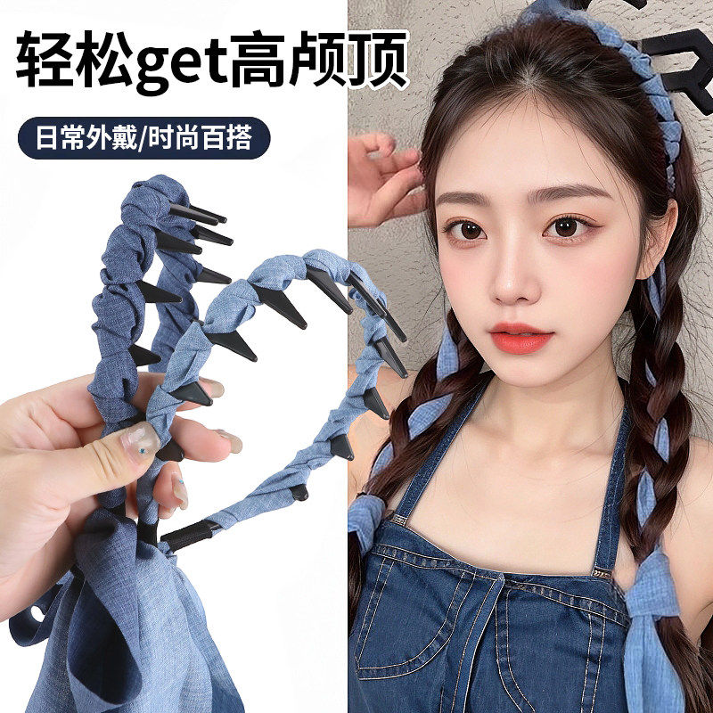 新款夏日清凉感麻花结甜辣少女全扎齿梳飘带发箍百搭牛仔飘带发带