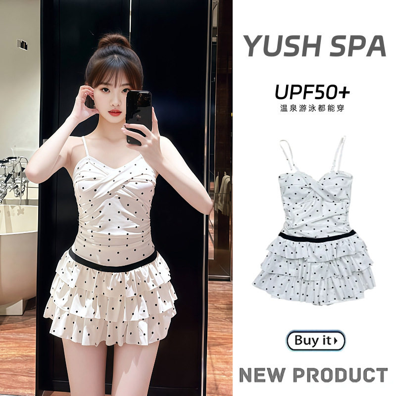 2026新款温泉泳衣女印花波点蝴蝶结连体遮肚裙式水上乐园泳装