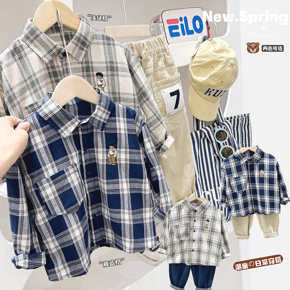 男童格子衬衫薄款纯棉2026春季中大童翻领洋气儿童休闲长袖衬衣潮